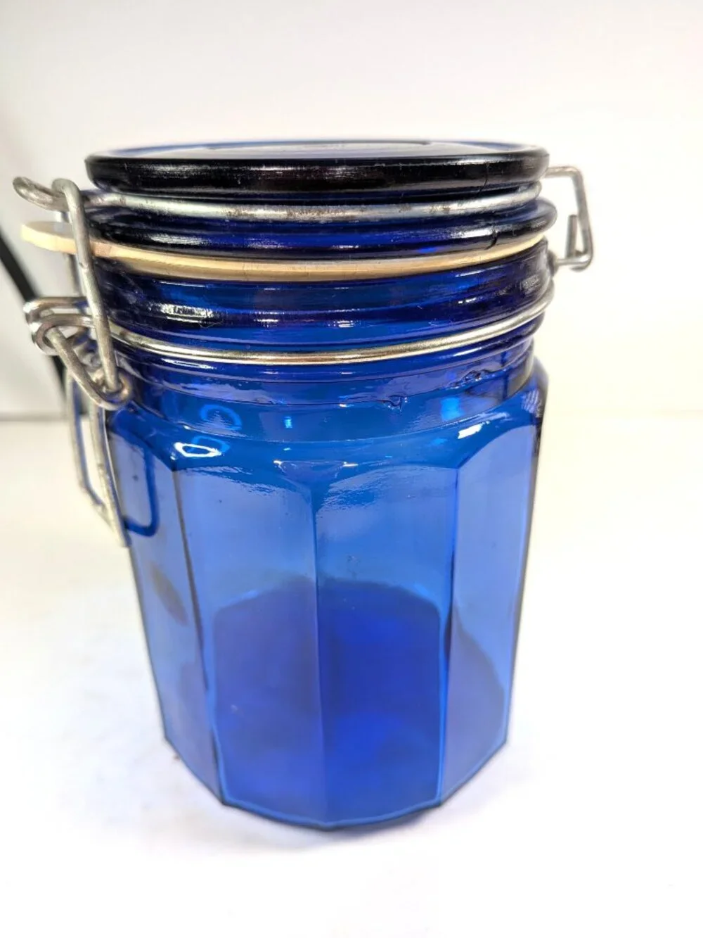 Vintage Cobalt Blue Paneled Glass Canister Jar with Wire Bail Hinged Lid